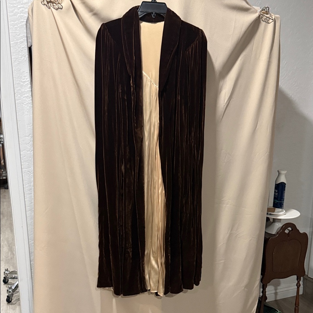 Vintage Brown Velvet Long Duster Coat with Cream Satin Lining